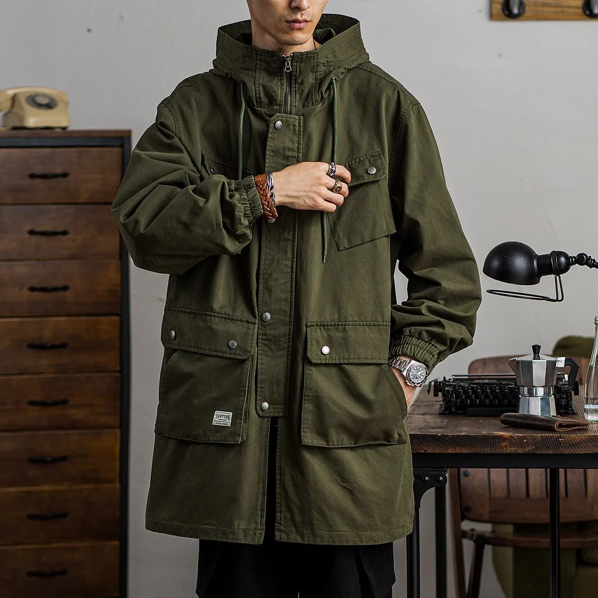 Mens Military Tactical Hooded Trench Coat