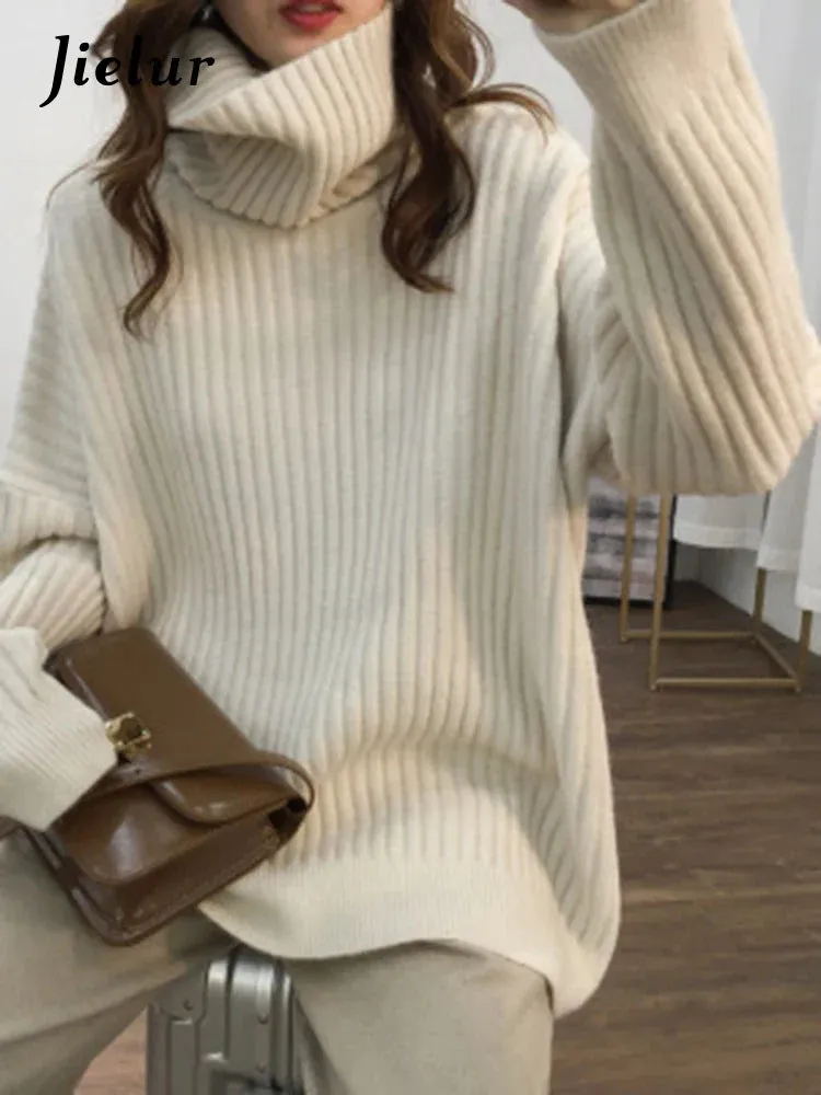 Metaversmall 9 Colors Turtleneck Loose Sweater Women Autumn Winter Knitted Top Solid Color Pullovers Long Sleeve Casual Blue Sweaters