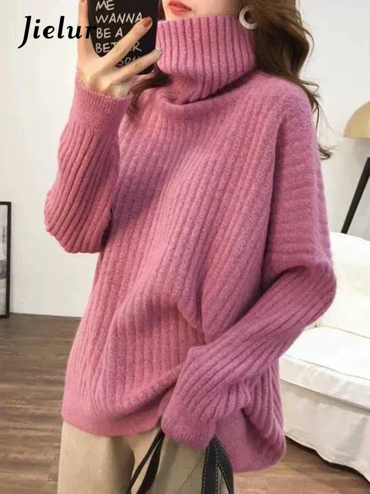 Metaversmall 9 Colors Turtleneck Loose Sweater Women Autumn Winter Knitted Top Solid Color Pullovers Long Sleeve Casual Blue Sweaters