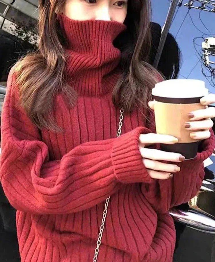 Metaversmall 9 Colors Turtleneck Loose Sweater Women Autumn Winter Knitted Top Solid Color Pullovers Long Sleeve Casual Blue Sweaters