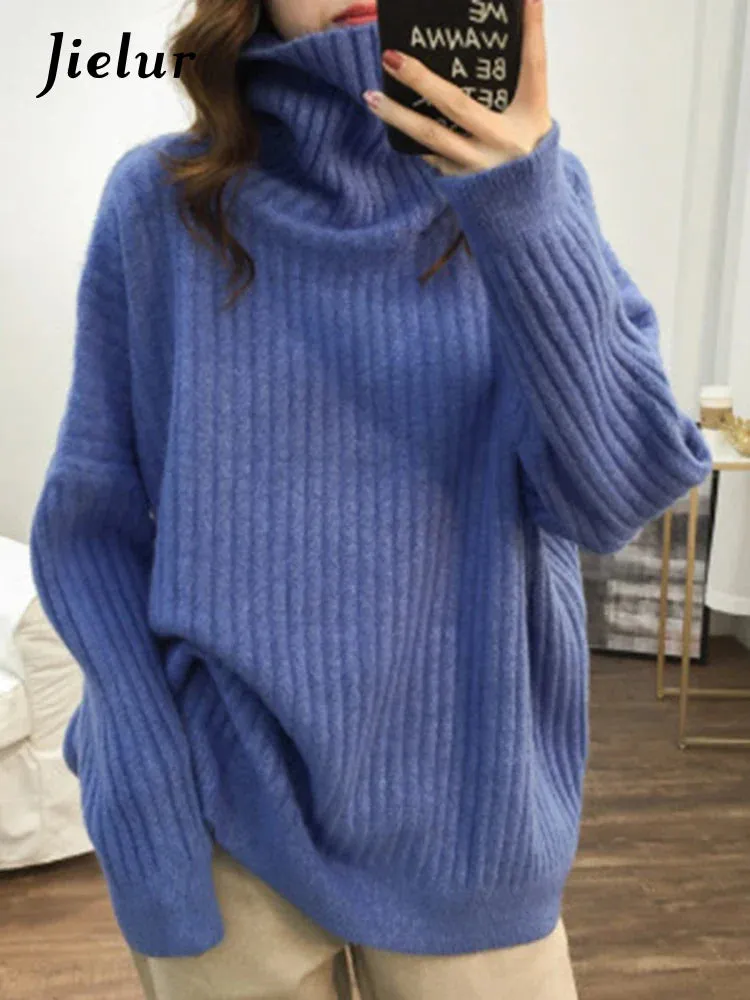 Metaversmall 9 Colors Turtleneck Loose Sweater Women Autumn Winter Knitted Top Solid Color Pullovers Long Sleeve Casual Blue Sweaters