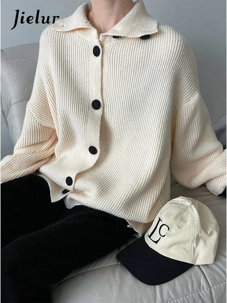 Metaversmall Women Knitted Cardigan Sweater Fashion Autumn Winter Long Sleeve Turtleneck Loose Coat Casual Sweater Female Top Apricot