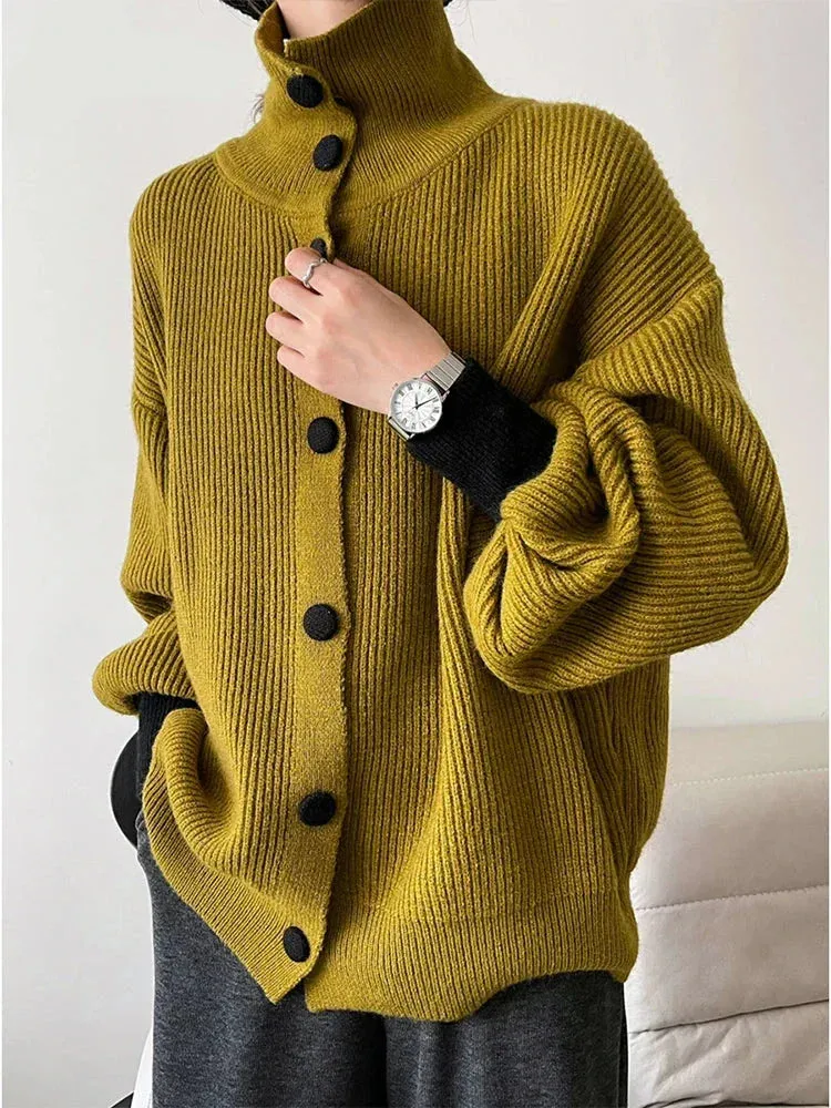 Metaversmall Women Knitted Cardigan Sweater Fashion Autumn Winter Long Sleeve Turtleneck Loose Coat Casual Sweater Female Top Apricot