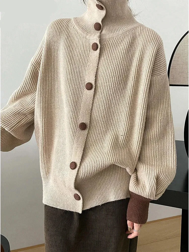 Metaversmall Women Knitted Cardigan Sweater Fashion Autumn Winter Long Sleeve Turtleneck Loose Coat Casual Sweater Female Top Apricot