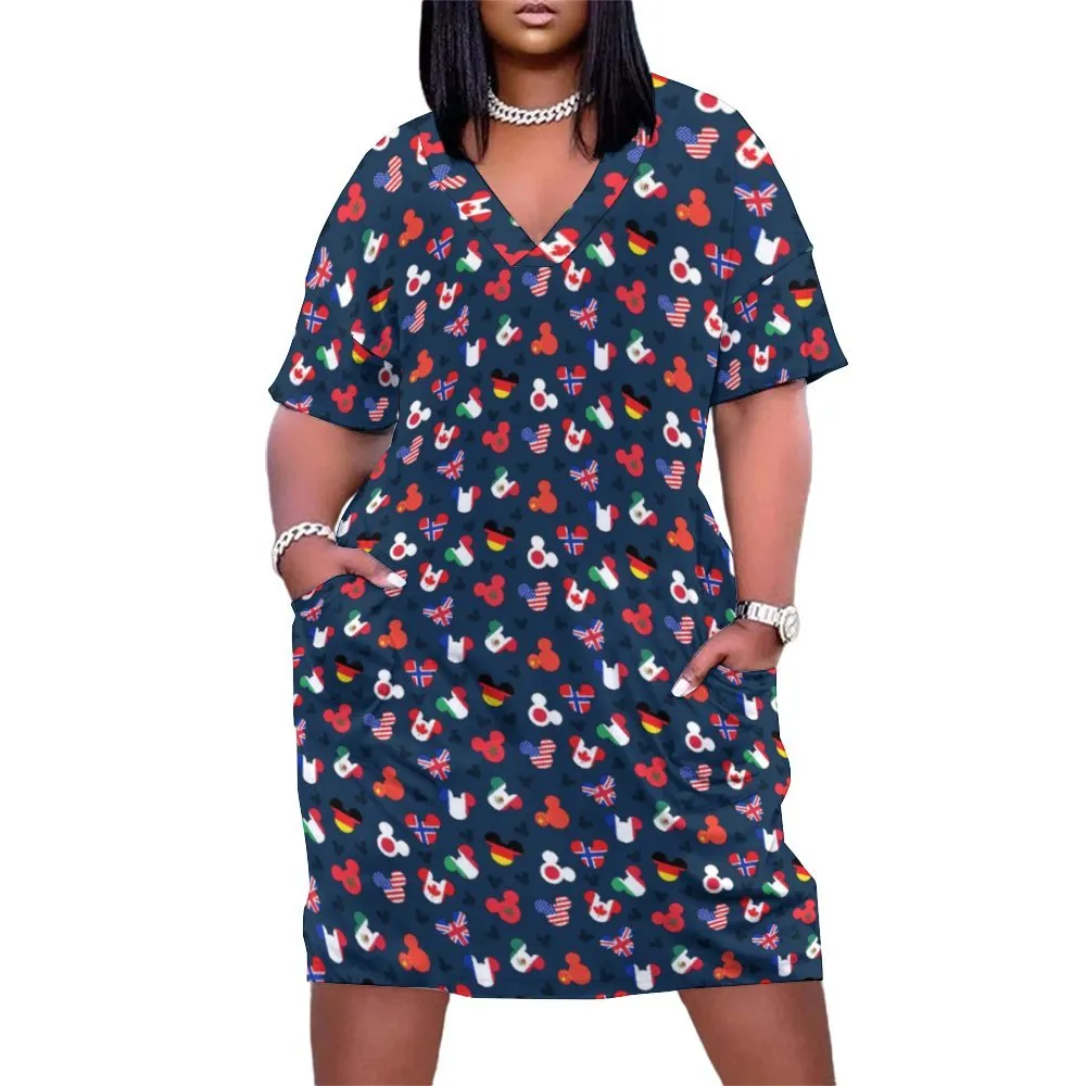 Mickey Flags Women's V-neck Loose Dress With Pockets