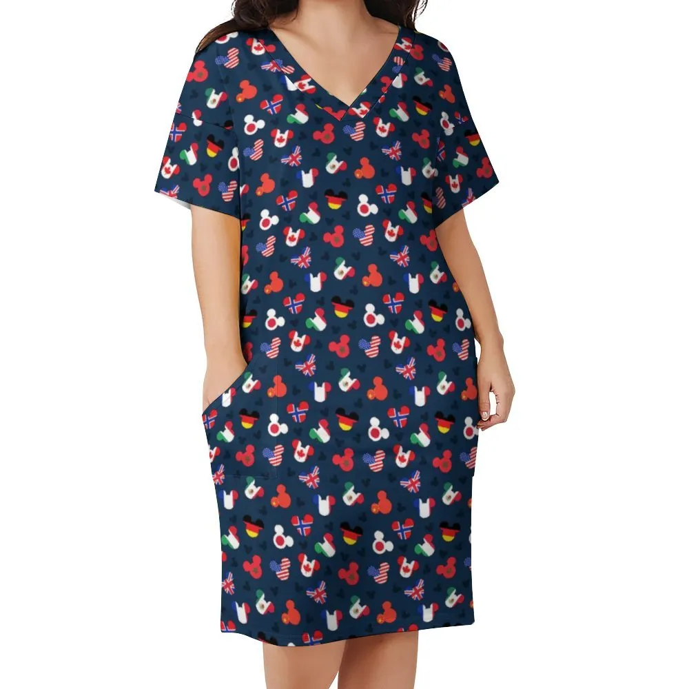 Mickey Flags Women's V-neck Loose Dress With Pockets