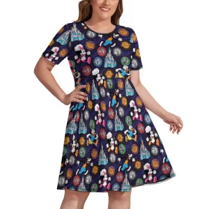 Mickey Wine And Dine Race Women's Round Neck Plus Size Dress With Pockets