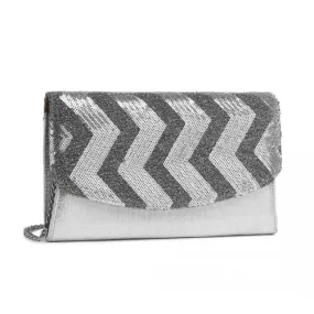 Miss Lulu Gorgeous Sequins Evening Clutch Bag - Silver Chain Shoulder Bag for Parties & Events