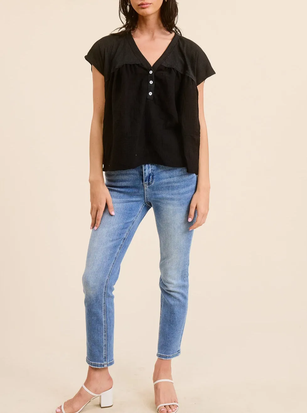 Mixed Feelings Double Textured Top in Black