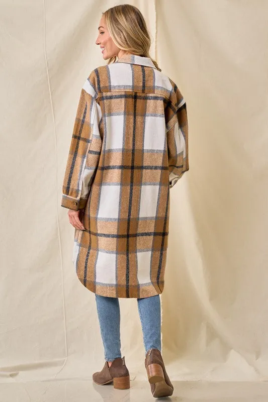 Mustard Brushed Flannel Plaid Button Pocketed Shacket