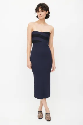 Navy Blue Knit Strapless Midi Dress