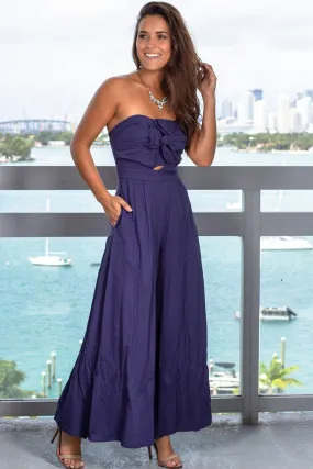 Navy Strapless Jumpsuit with Bow Detail