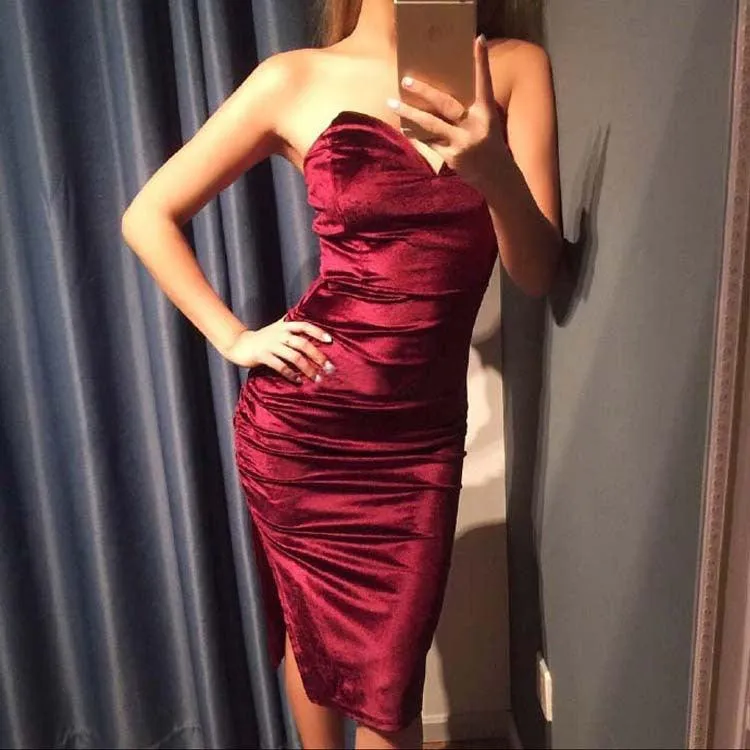 Nightclub party dress dress sexy retro red velvet high slit tube top slim dress