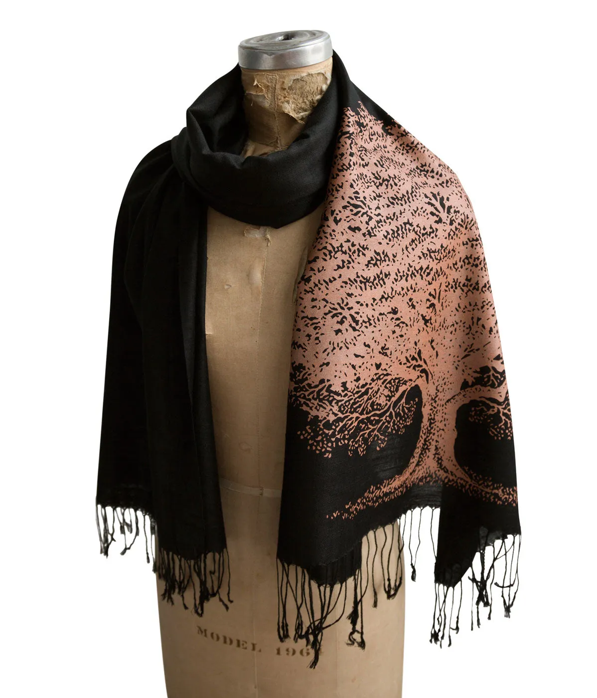 Oak Tree Scarf, Tree Silhouette Linen-Weave Pashmina