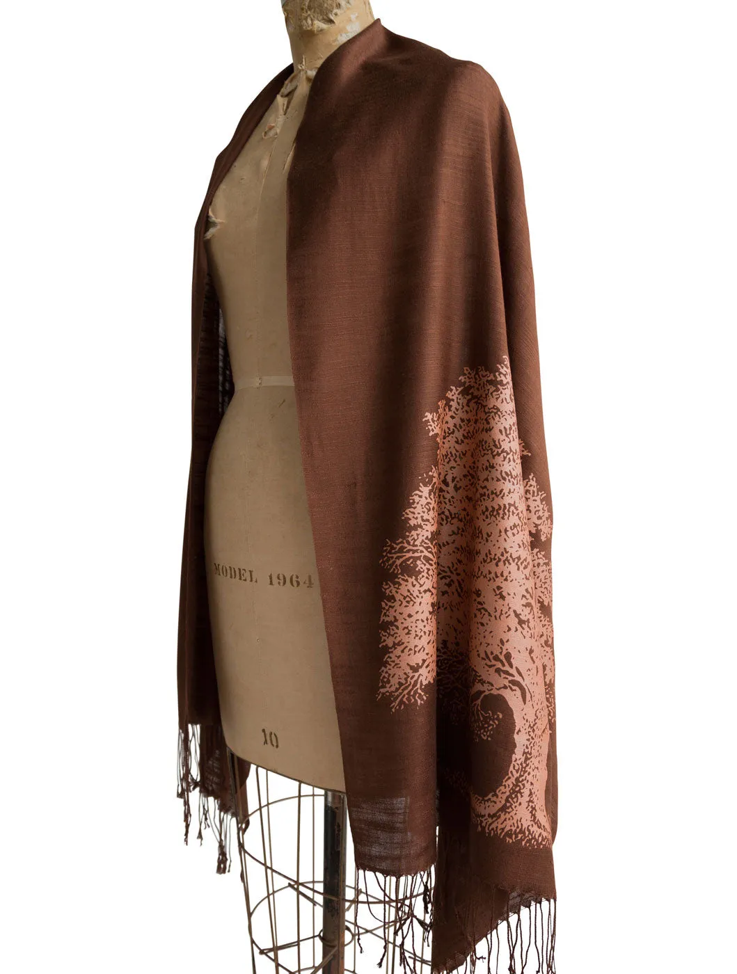 Oak Tree Scarf, Tree Silhouette Linen-Weave Pashmina