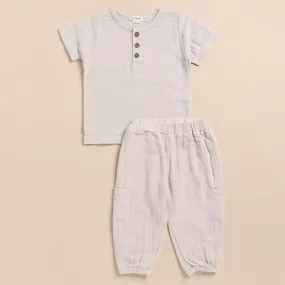 Oatmeal Organic Muslin Short Sleeve Henley Tshirt With Lounge Pant Set