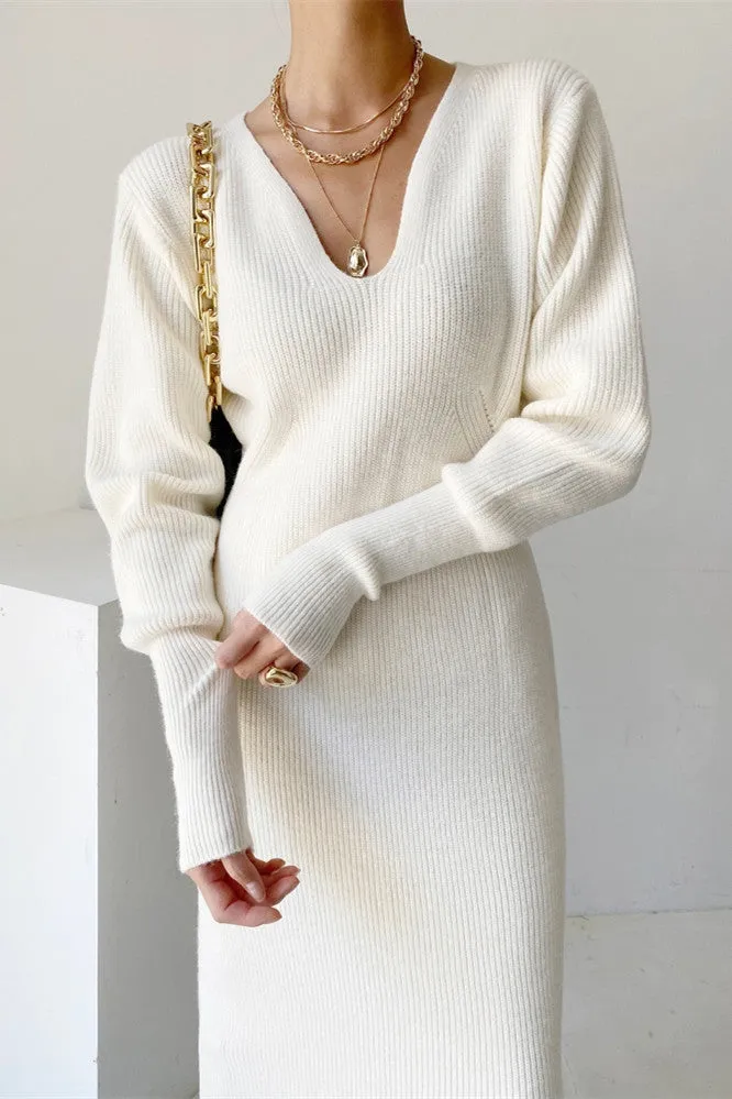 Office V-neck Long Sleeves Knitted Dress