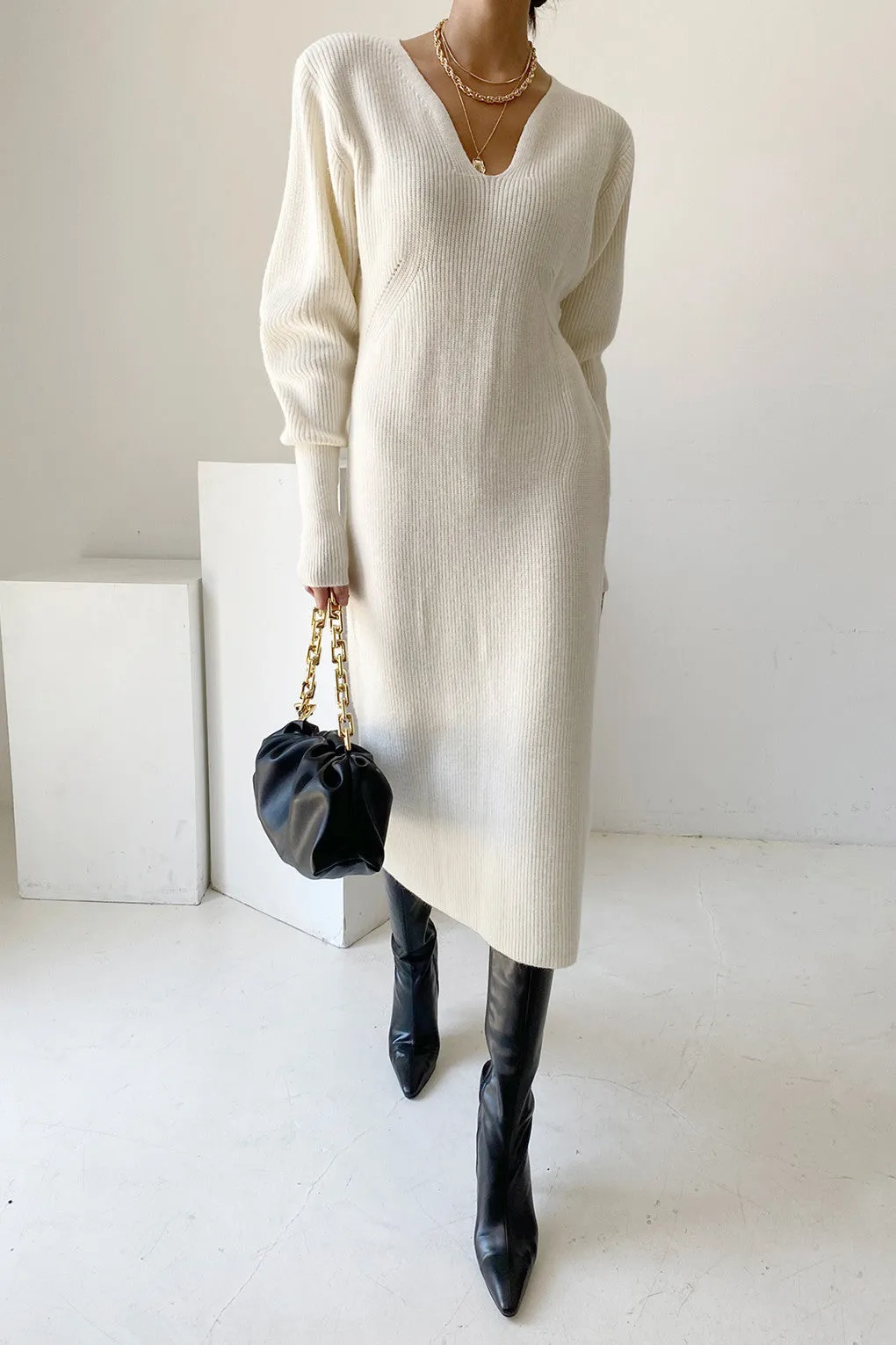 Office V-neck Long Sleeves Knitted Dress