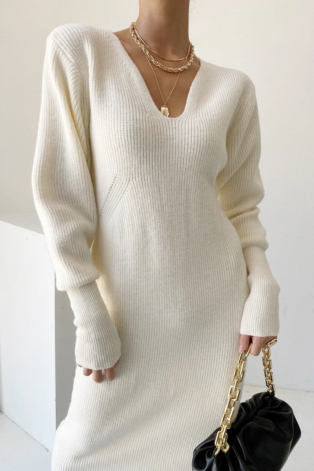 Office V-neck Long Sleeves Knitted Dress