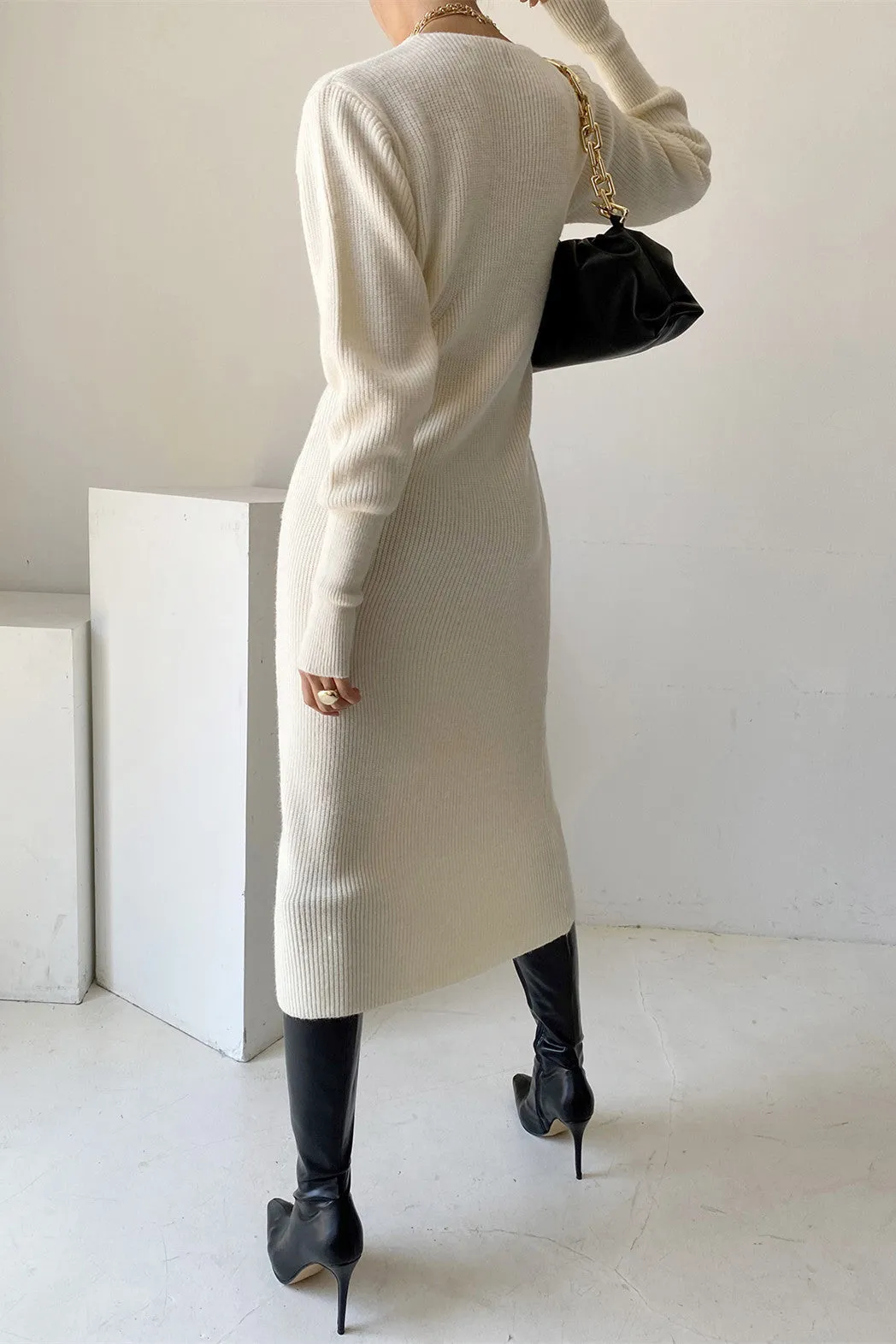 Office V-neck Long Sleeves Knitted Dress