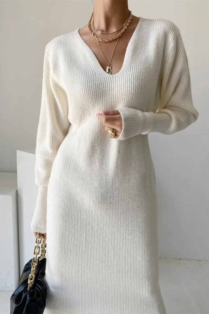 Office V-neck Long Sleeves Knitted Dress