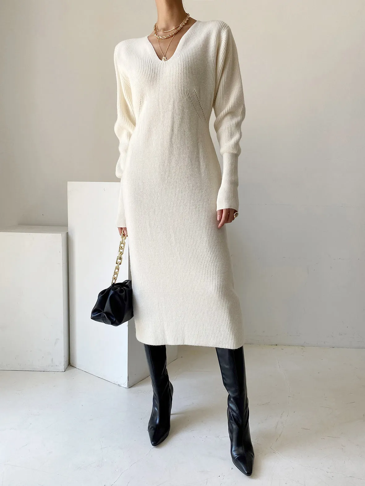 Office V-neck Long Sleeves Knitted Dress