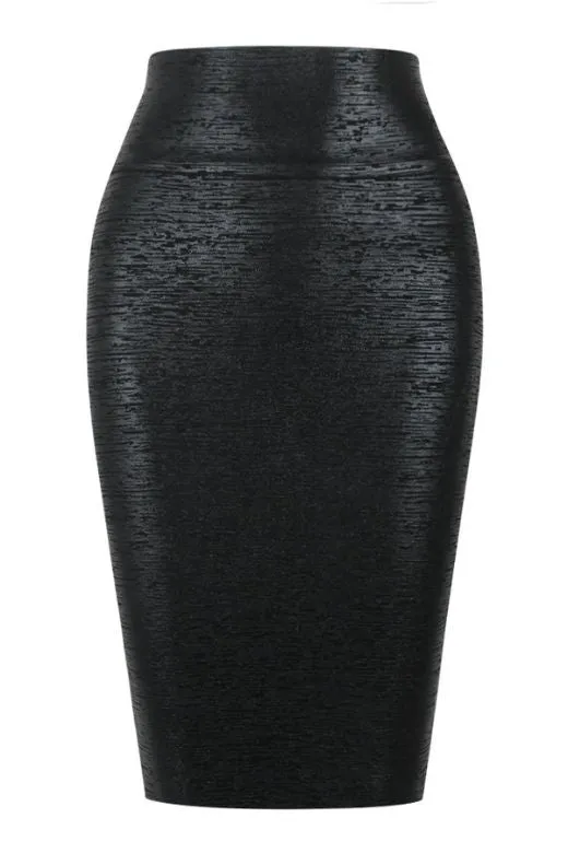 Pencil High Waist Leather Metallic Midi Skirt - Classic Black