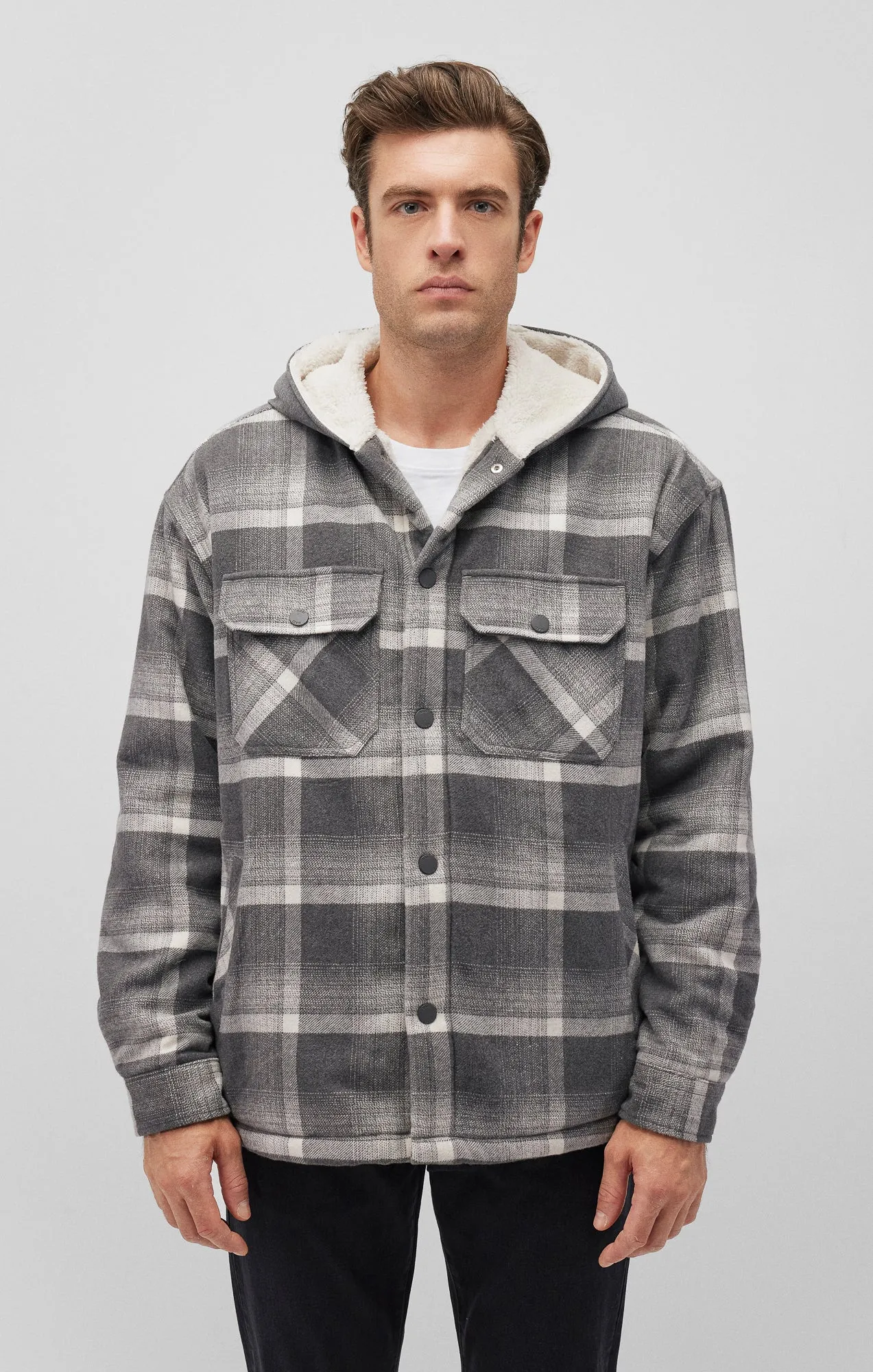 PLAID HOODED SHACKET IN BLACK CHECK