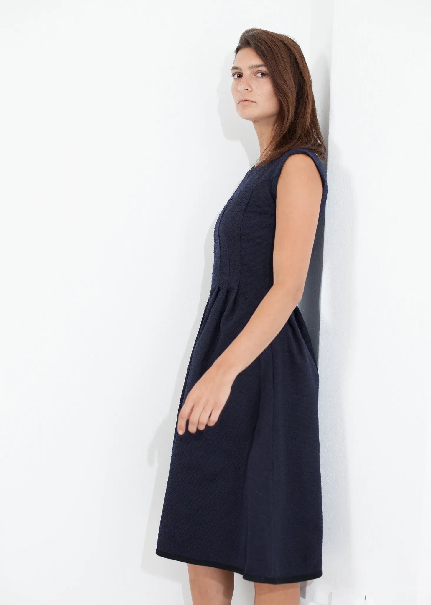 Pleated Rita Dress in Dark Navy