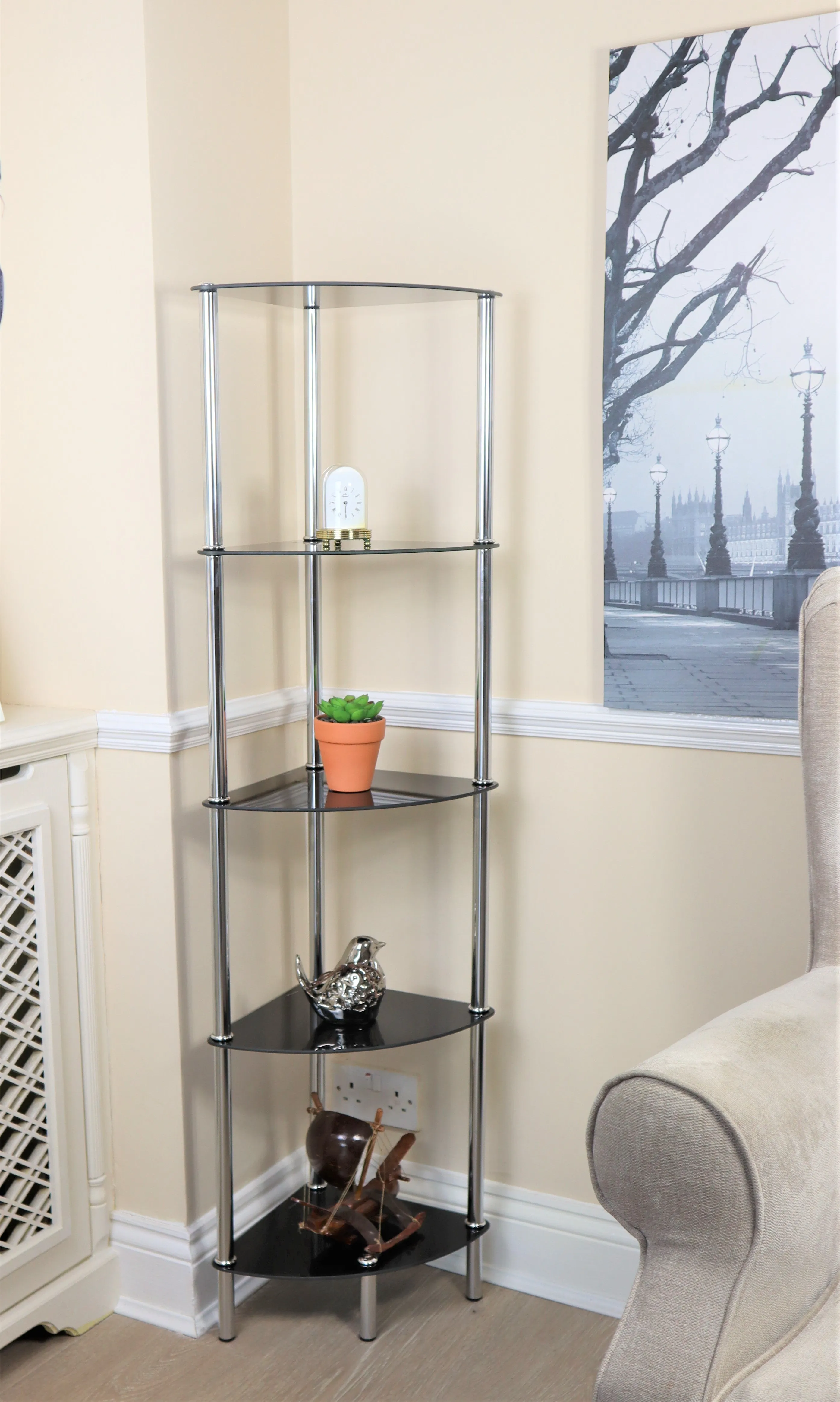 Polo 5 Tier Corner Display Glass Unit-Black Glass