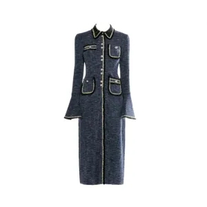 Pre Order: Tweed Collar Front Pockets Long Sleeve Midi Dress