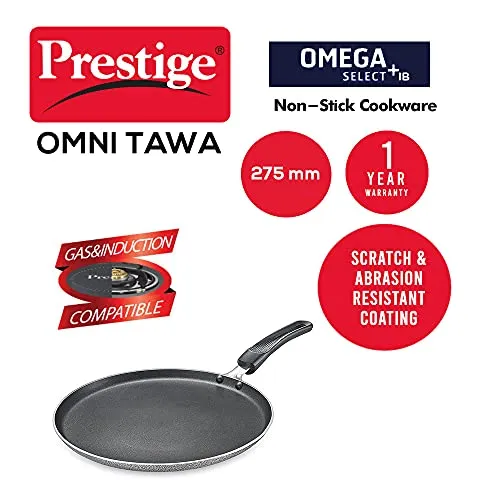 Prestige Omega Select Plus 27.5cm Non-Stick Omni Tawa |Induction Base |Gas & Induction Compatible| Metal Spoon Friendly | Sturdy Handles