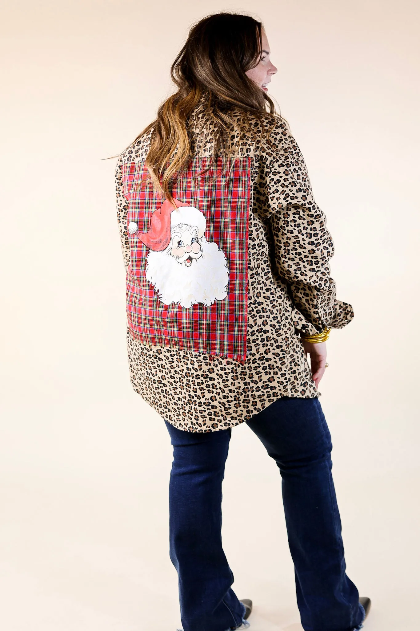 Prettiest In Prints Button Up Leopard Print Flannel Top with Red Plaid and Santa Icon