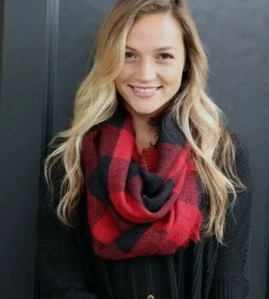 Red Checkered Buffalo Plaid Frayed Hem Knit Infinity Scarf