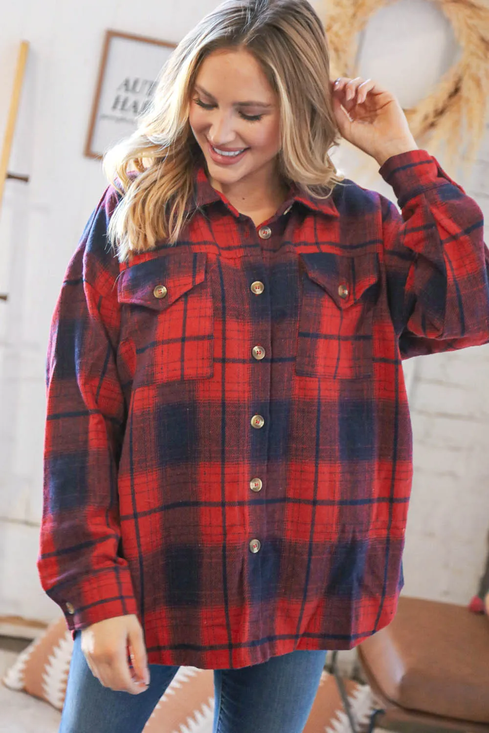 Red Flannel Plaid Lumberjack Pocketed Shacket