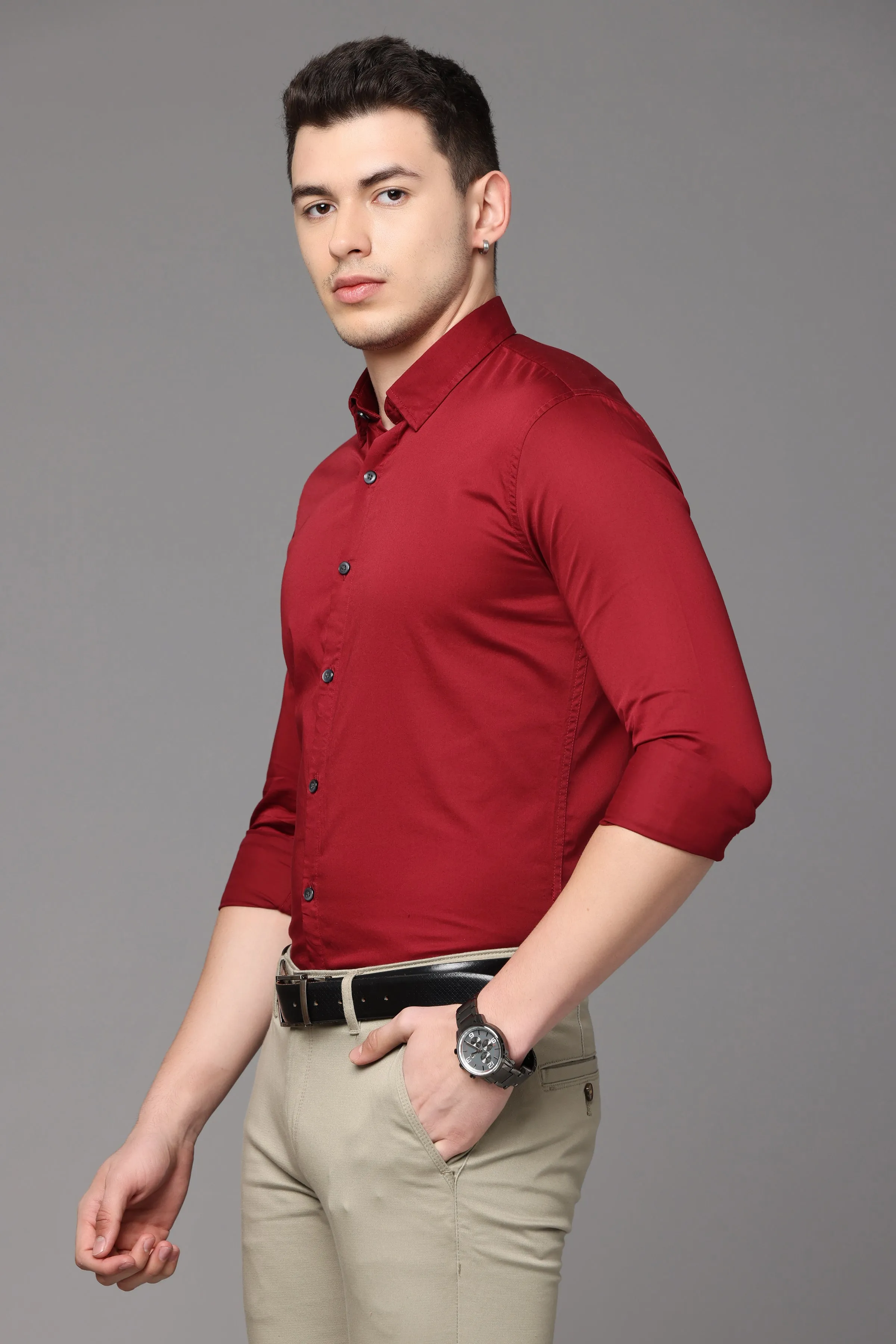 Red Plain Slim Fit Shirt