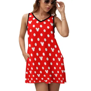 Red With White Mickey Polka Dots Sleeveless Sundress With Pockets