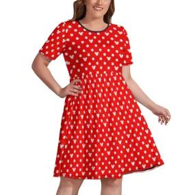 Red With White Mickey Polka Dots Women's Round Neck Plus Size Dress With Pockets