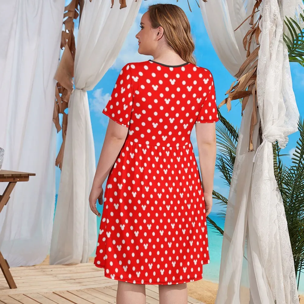 Red With White Mickey Polka Dots Women's Round Neck Plus Size Dress With Pockets