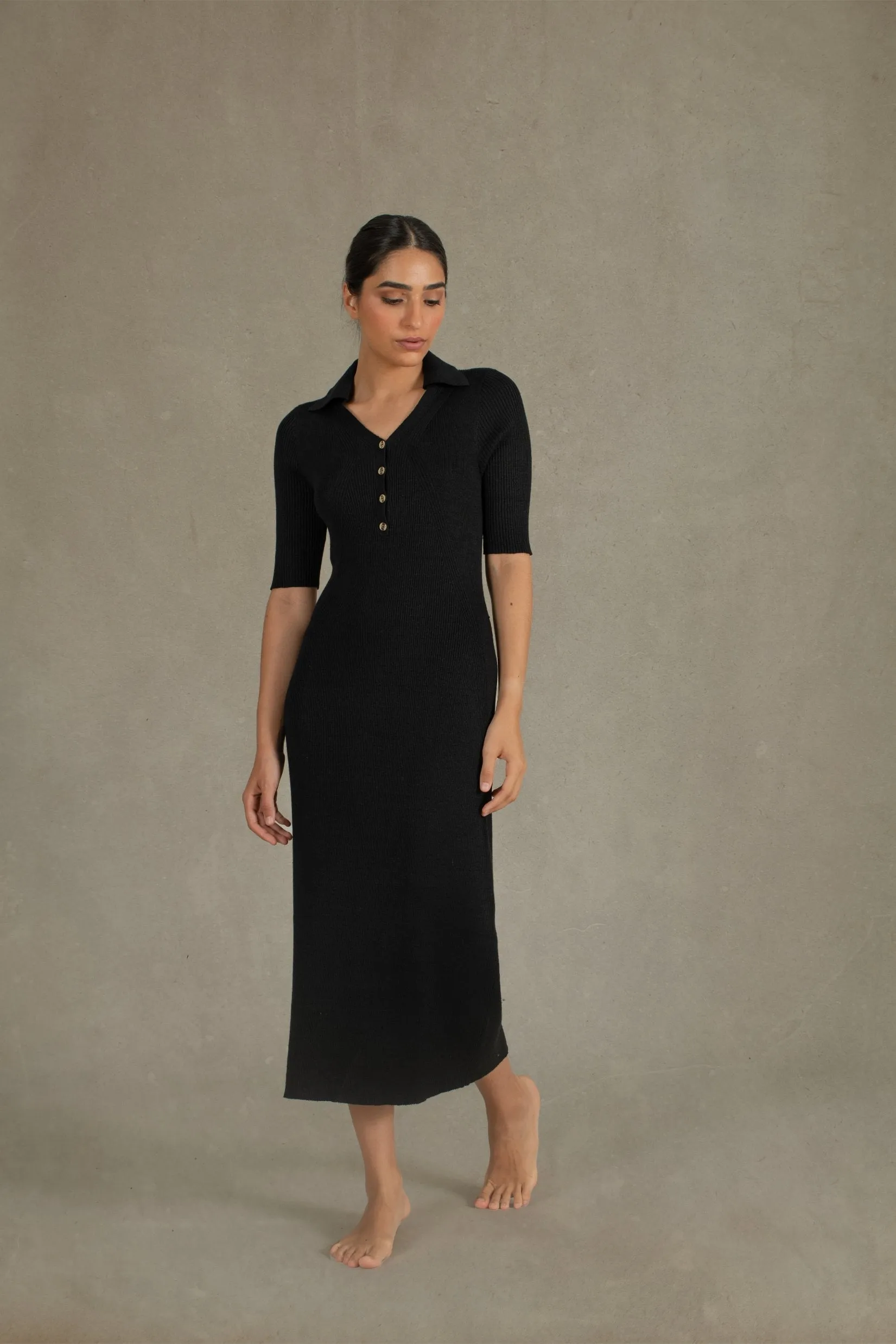 Ribbed Linen Midi Polo Dress in Black