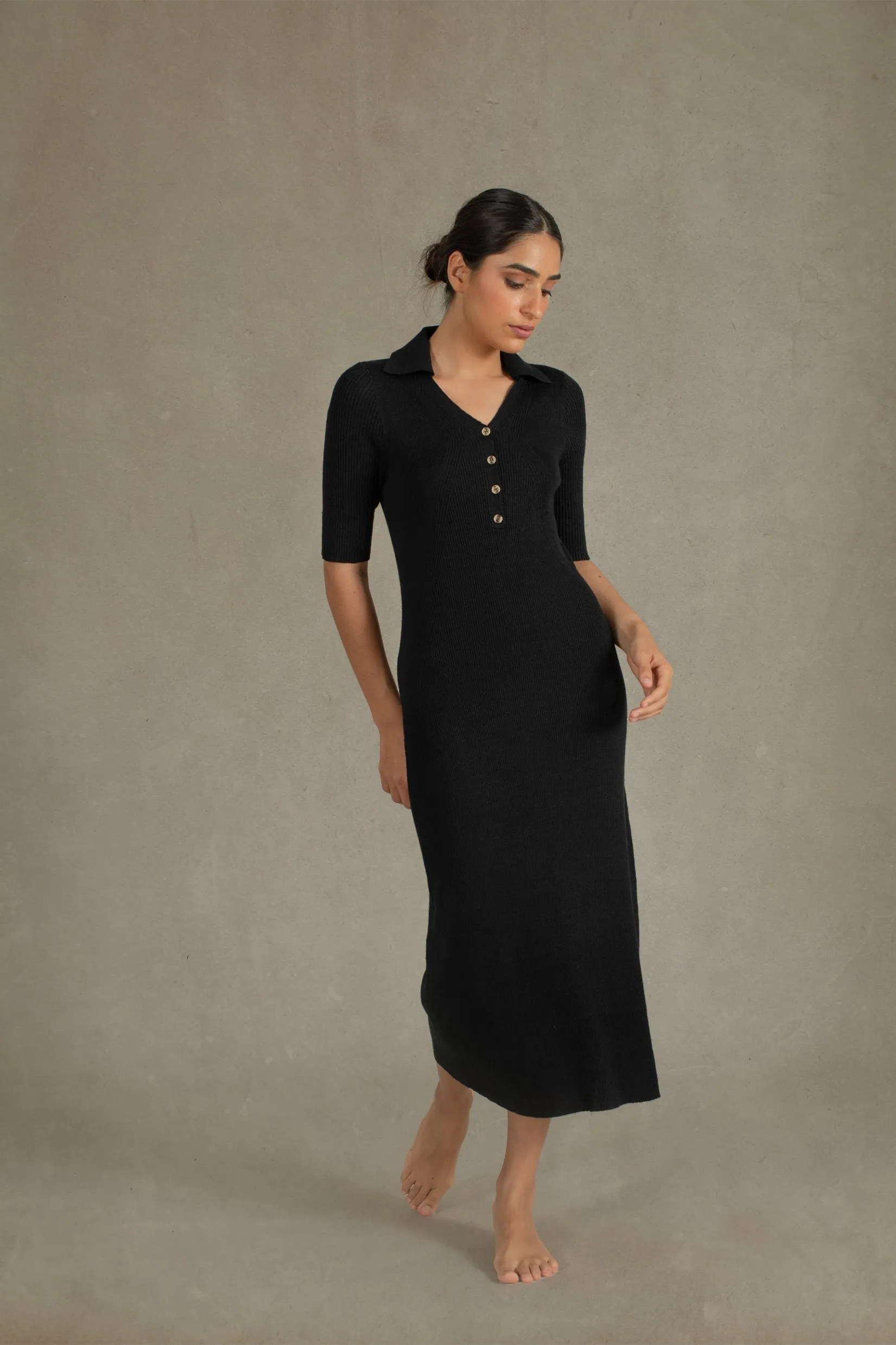 Ribbed Linen Midi Polo Dress in Black