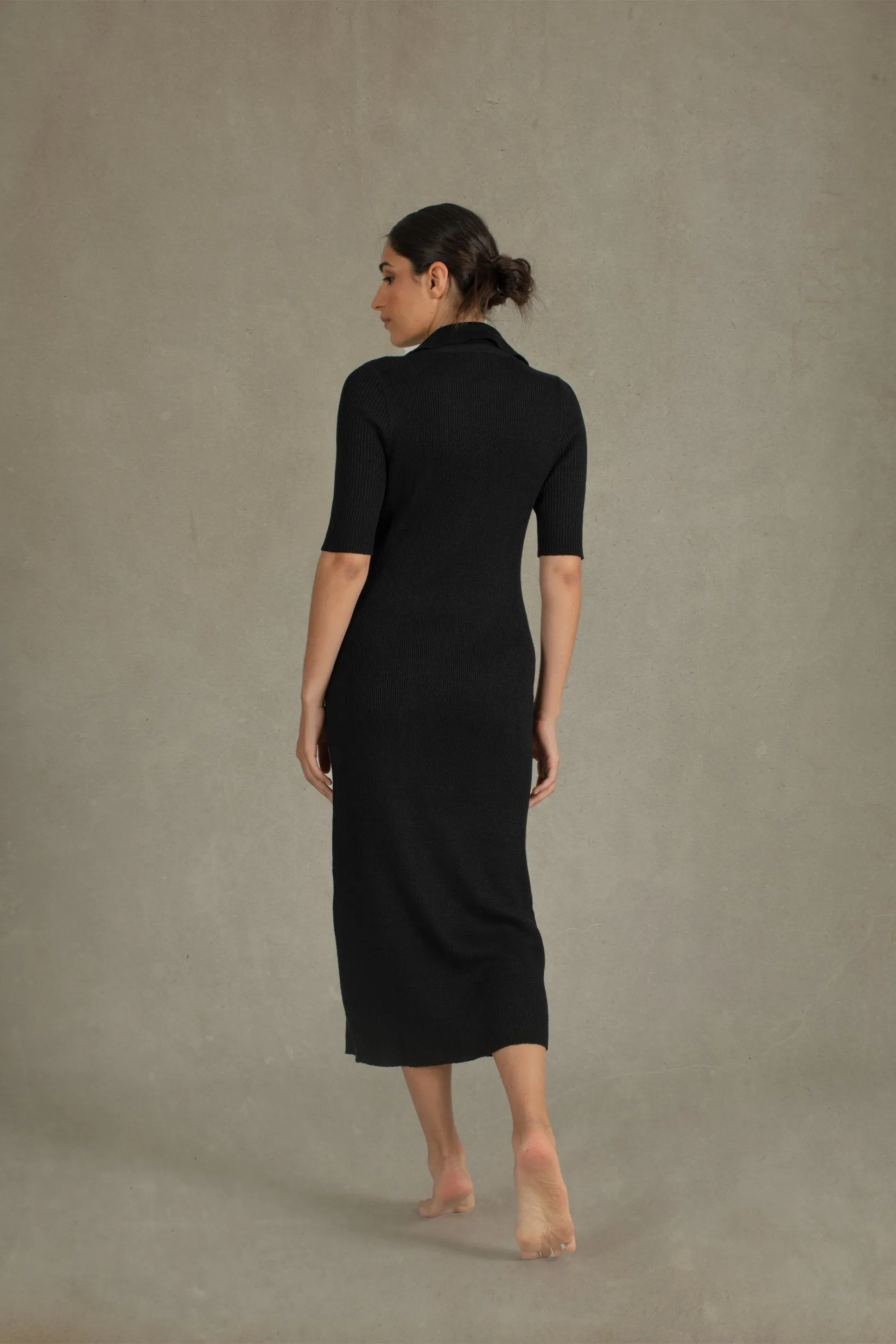 Ribbed Linen Midi Polo Dress in Black