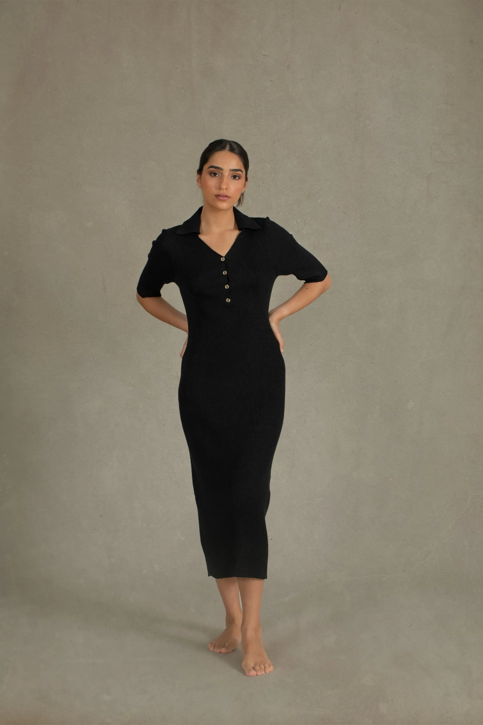 Ribbed Linen Midi Polo Dress in Black