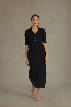 Ribbed Linen Midi Polo Dress in Black