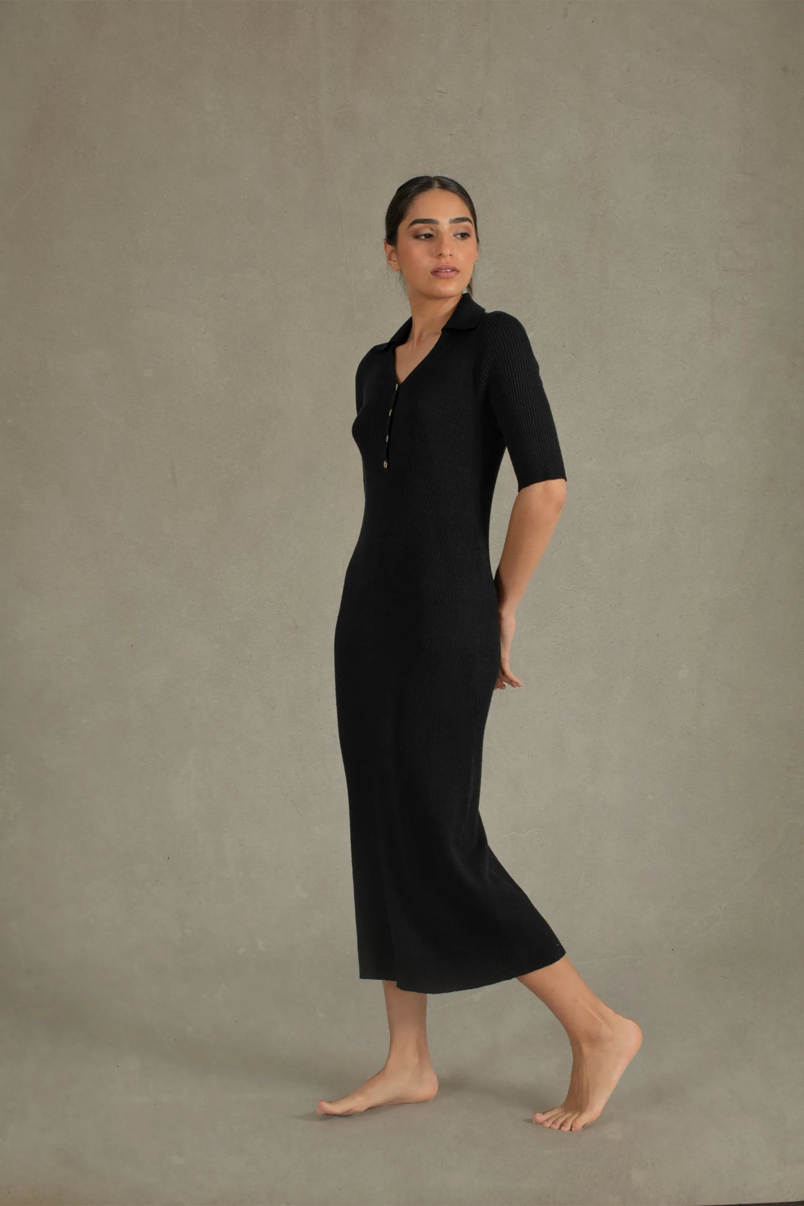 Ribbed Linen Midi Polo Dress in Black