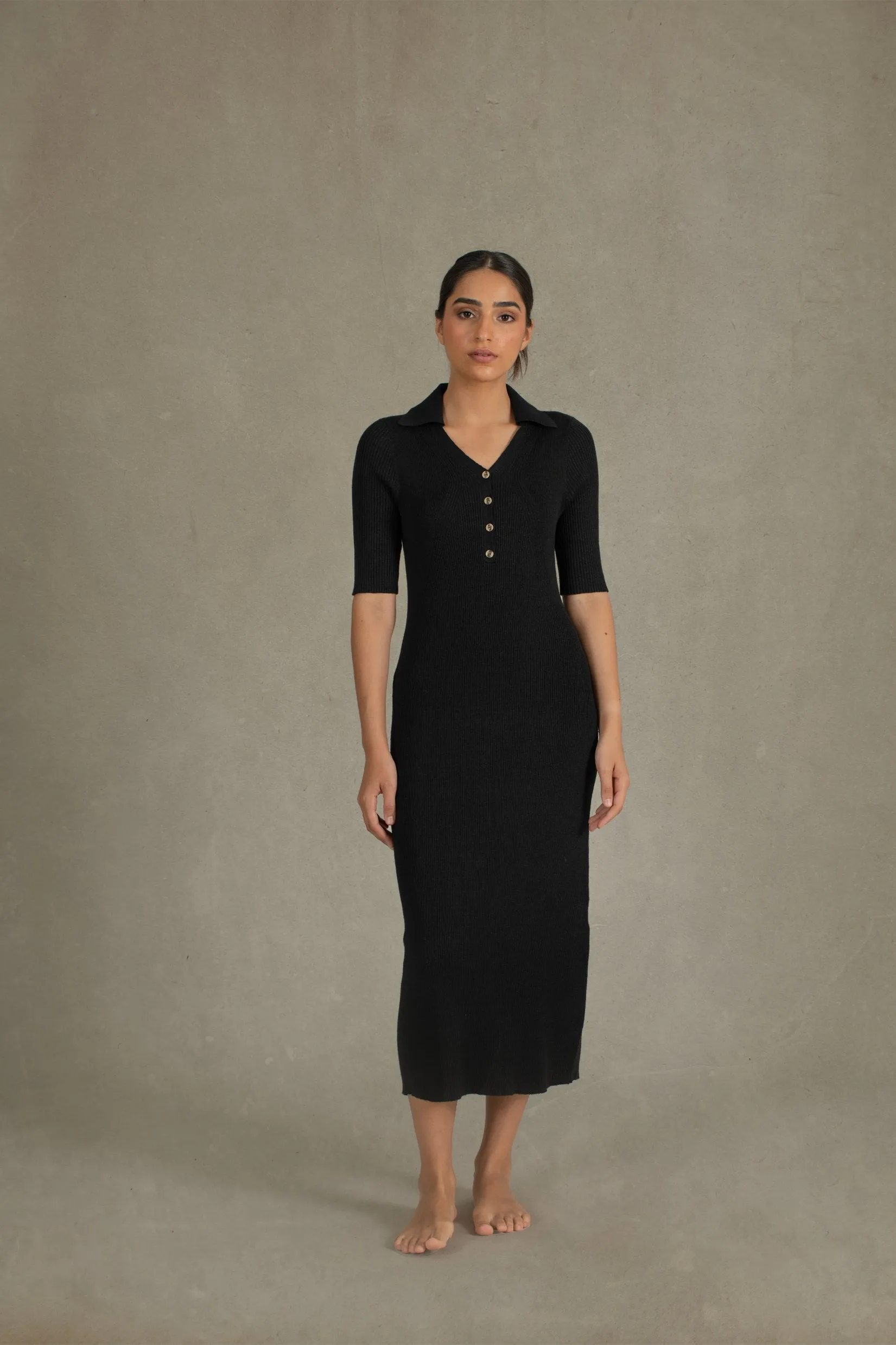 Ribbed Linen Midi Polo Dress in Black