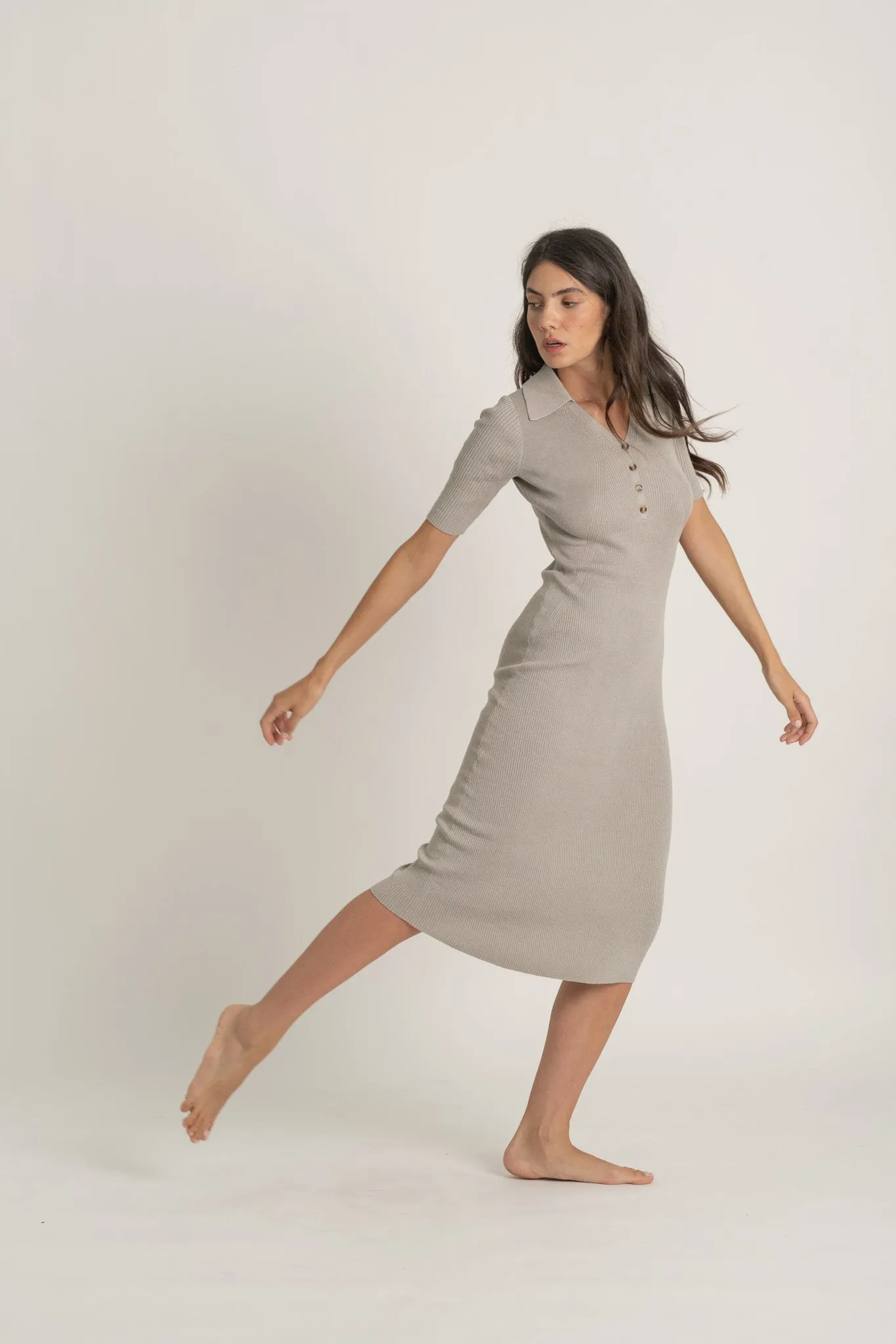 Ribbed Linen Midi Polo Dress in Pebble Grey