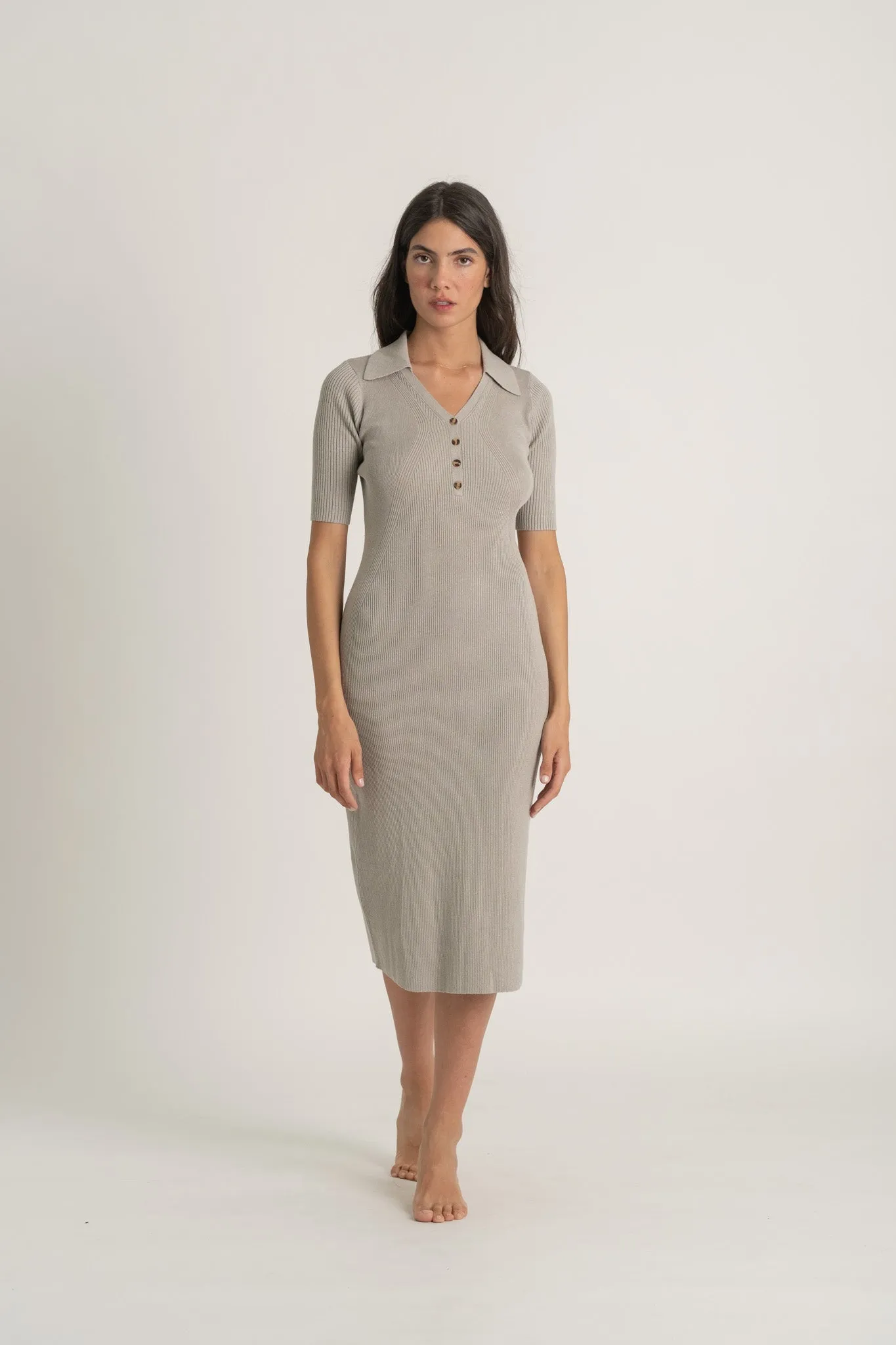 Ribbed Linen Midi Polo Dress in Pebble Grey