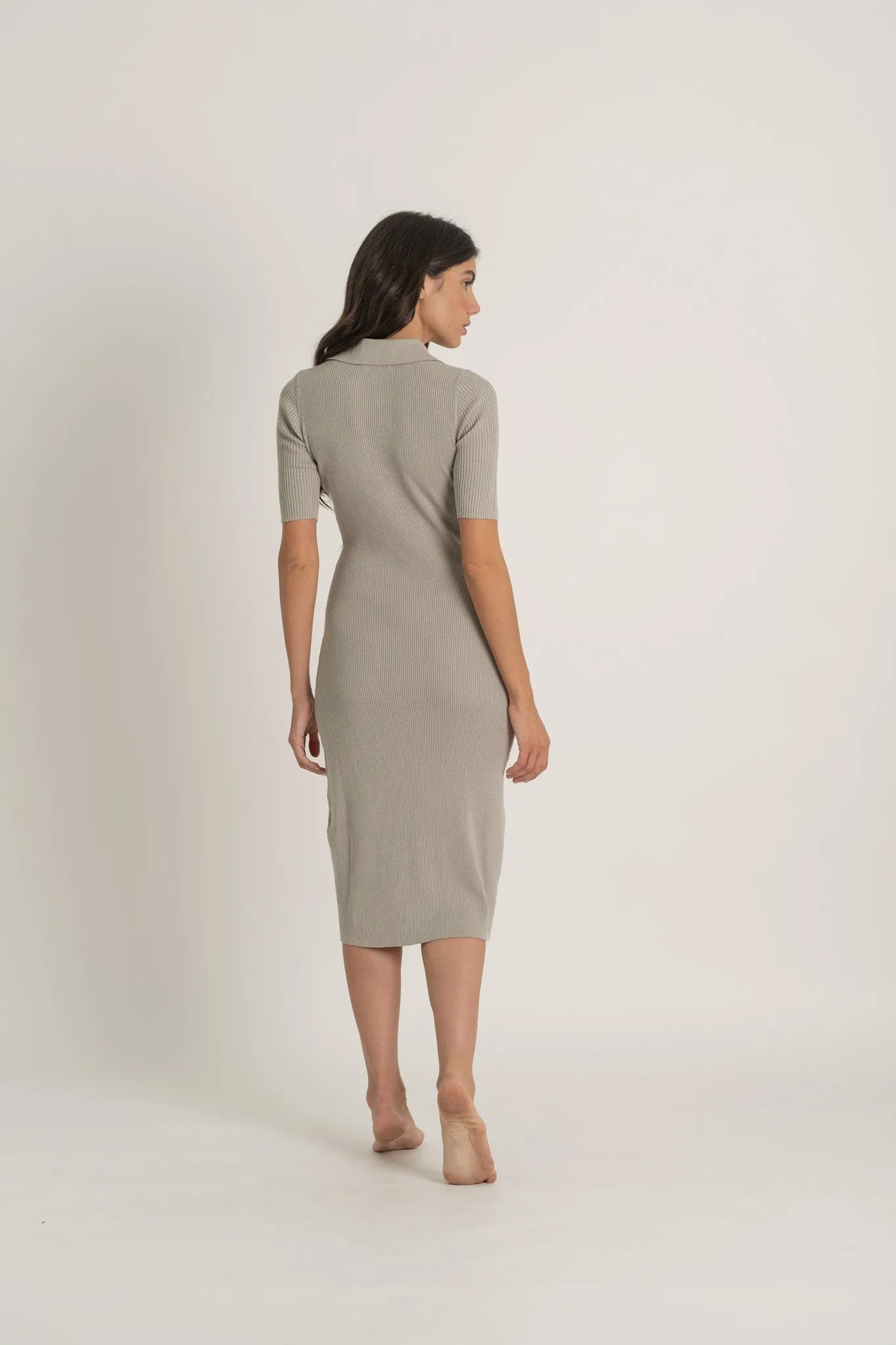 Ribbed Linen Midi Polo Dress in Pebble Grey