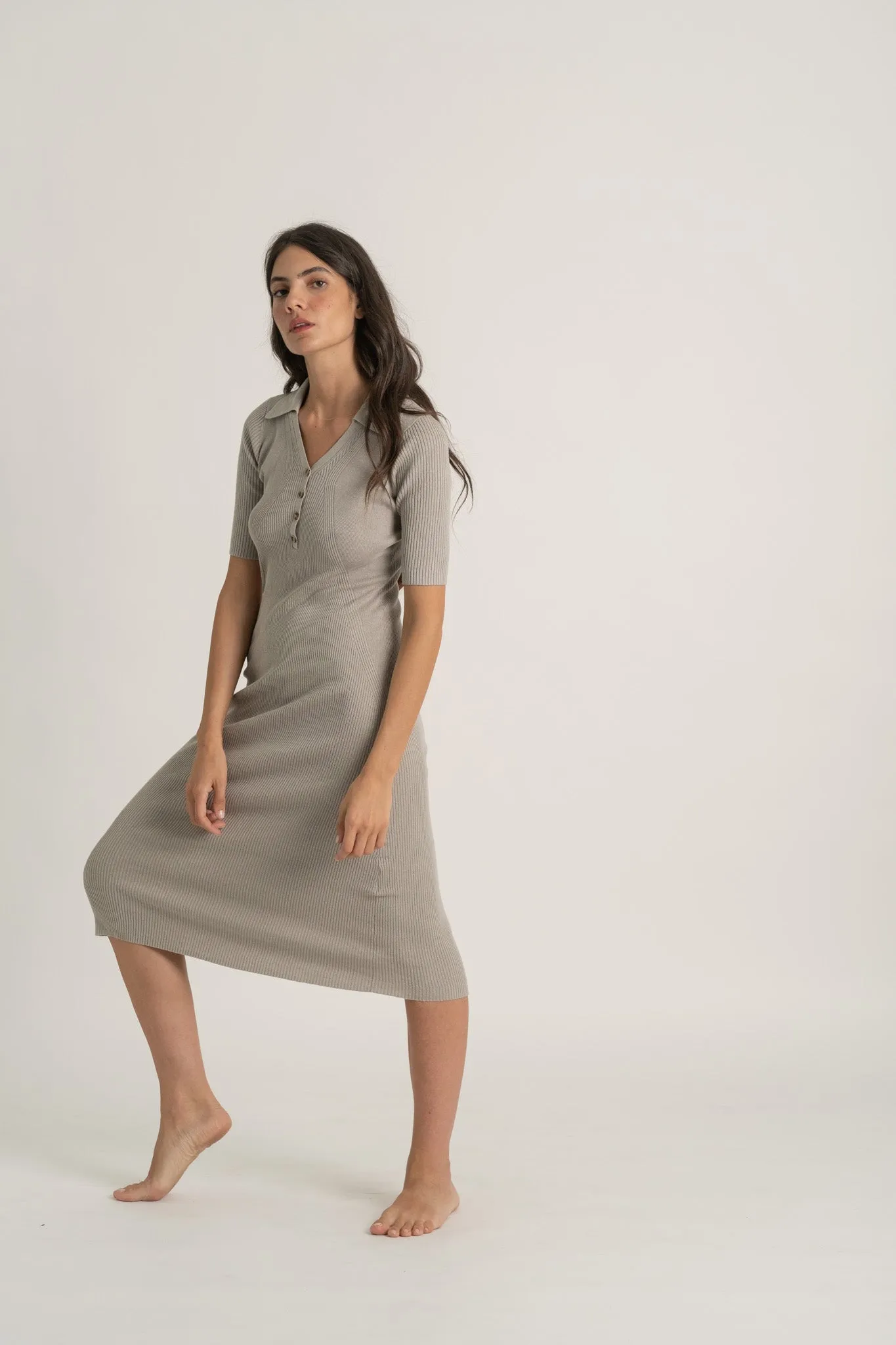 Ribbed Linen Midi Polo Dress in Pebble Grey